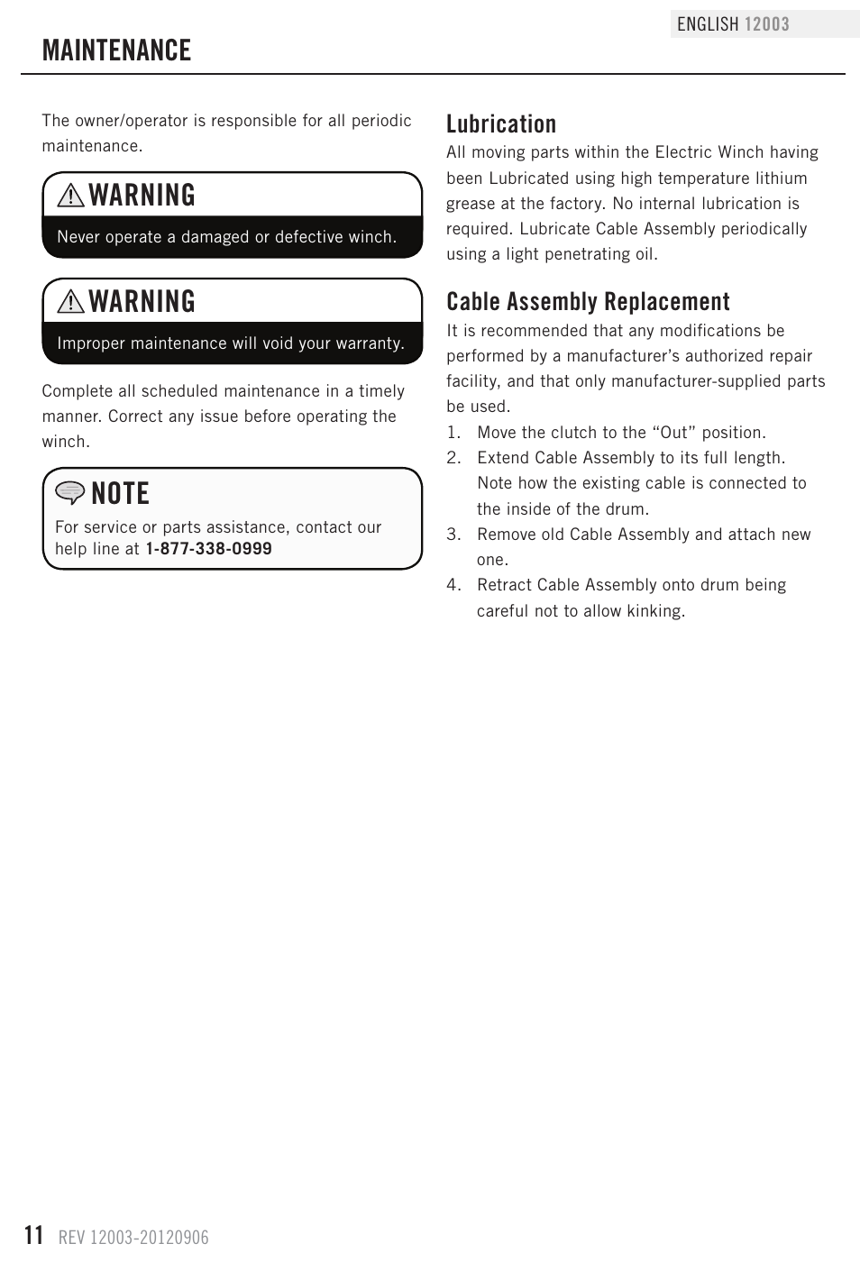 Warning, Maintenance, Lubrication | Cable assembly replacement | Champion Power Equipment 12003 User Manual | Page 14 / 19