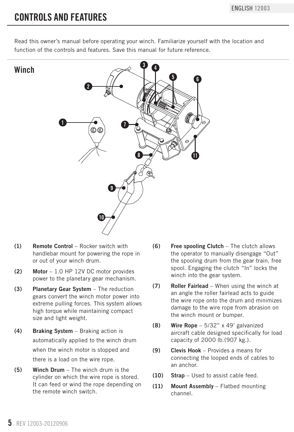 Controls and features, Winch | Champion Power Equipment 12003 User Manual | Page 8 / 19