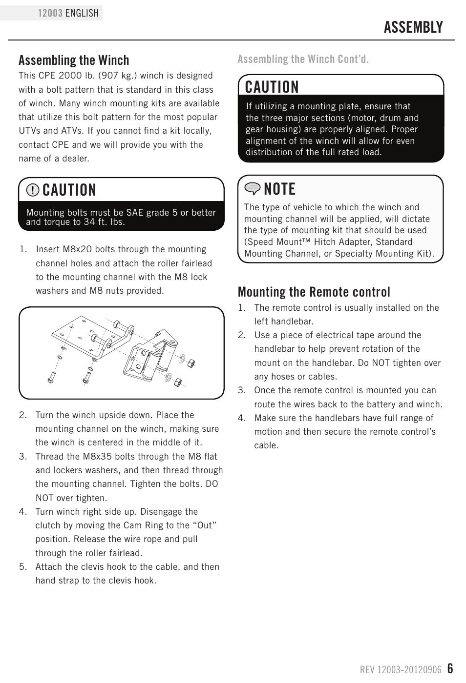 Caution, Assembly, Assembling the winch | Mounting the remote control | Champion Power Equipment 12003 User Manual | Page 9 / 19