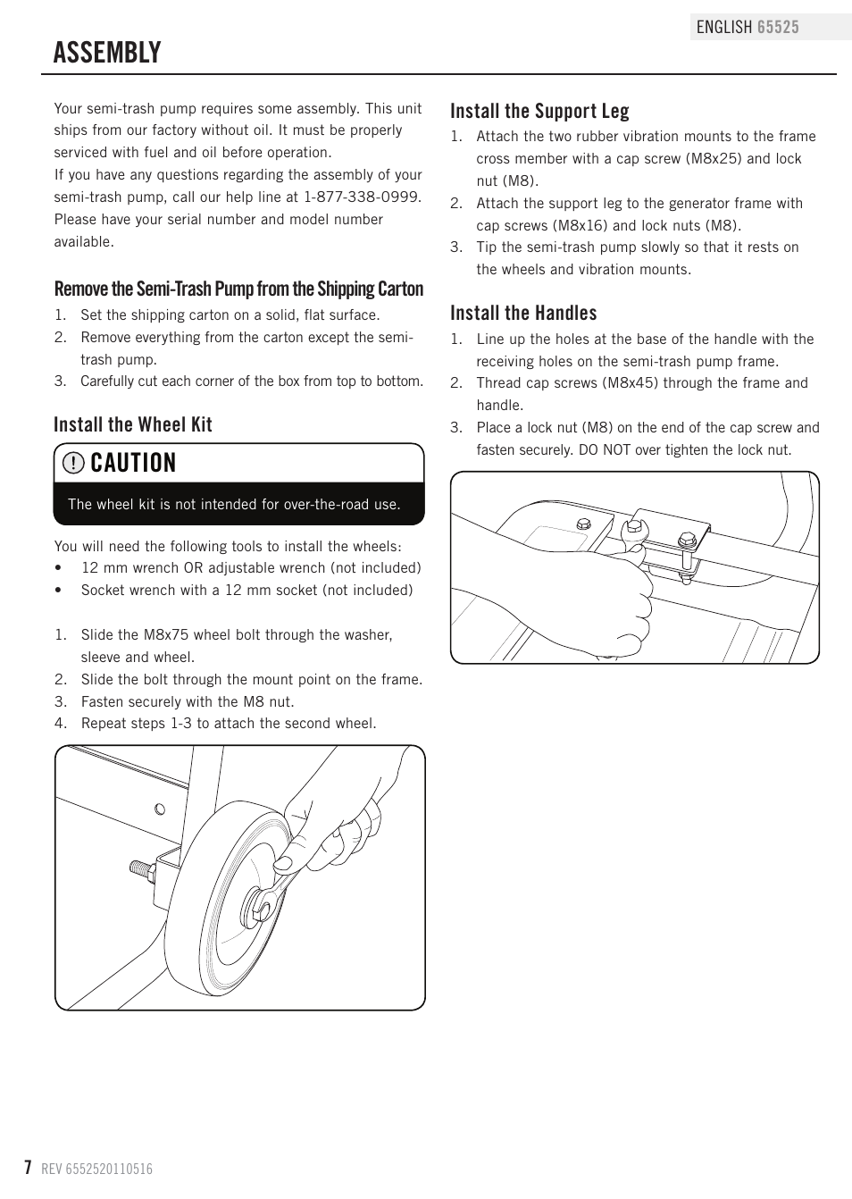 Assembly, Caution, Install the wheel kit | Install the support leg, Install the handles | Champion Power Equipment 65525 User Manual | Page 10 / 25