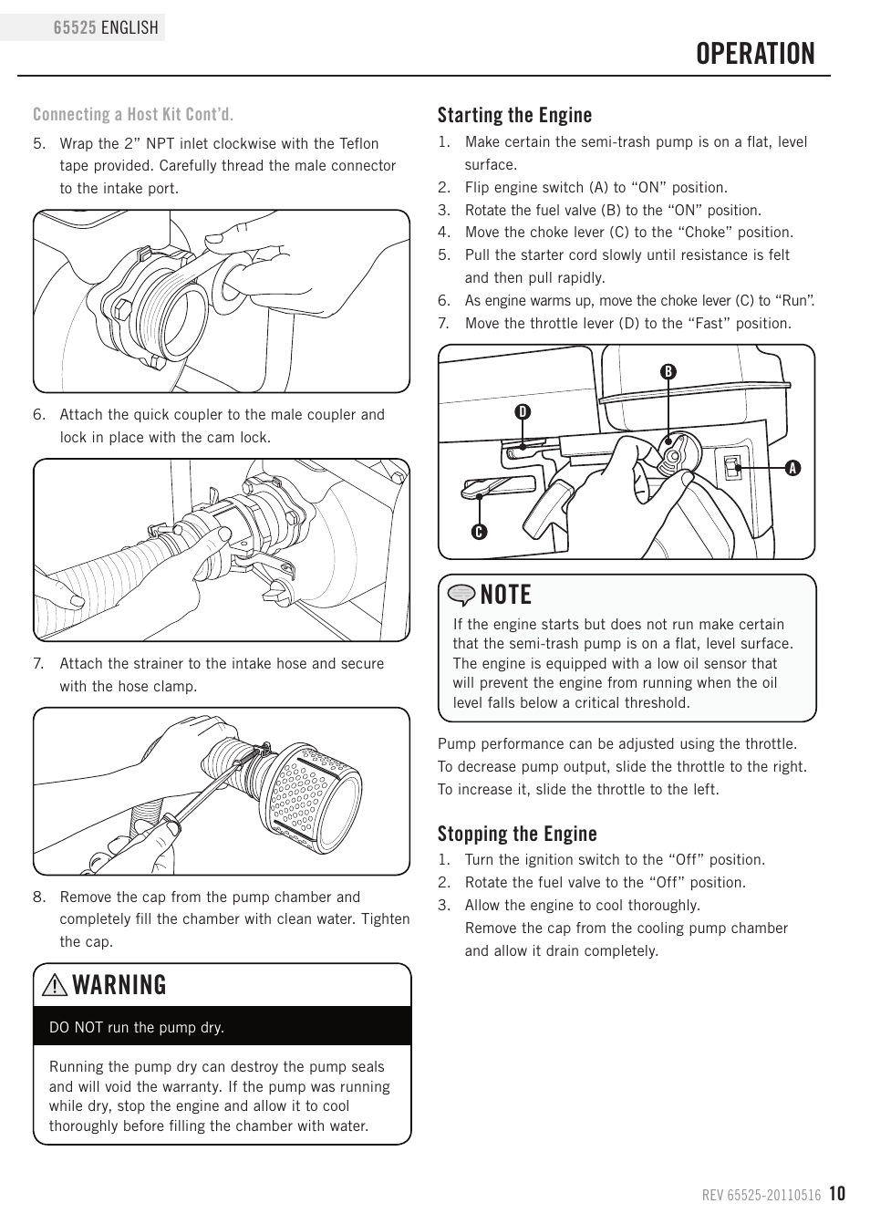 Operation, Warning, Starting the engine | Stopping the engine | Champion Power Equipment 65525 User Manual | Page 13 / 25