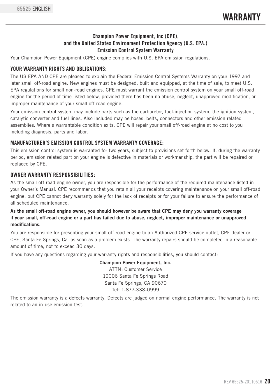 Warranty | Champion Power Equipment 65525 User Manual | Page 23 / 25
