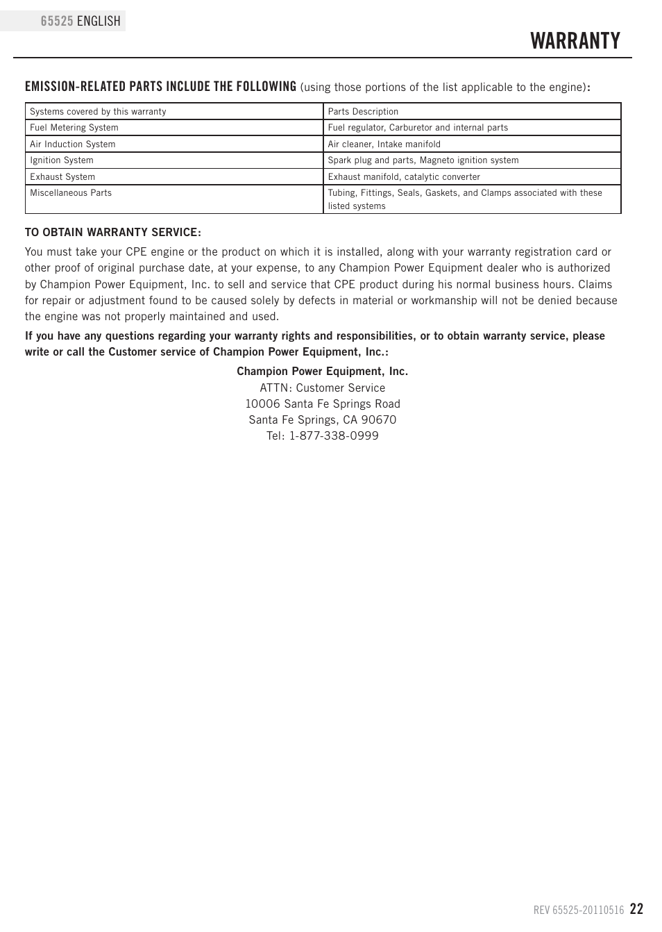 Warranty | Champion Power Equipment 65525 User Manual | Page 25 / 25