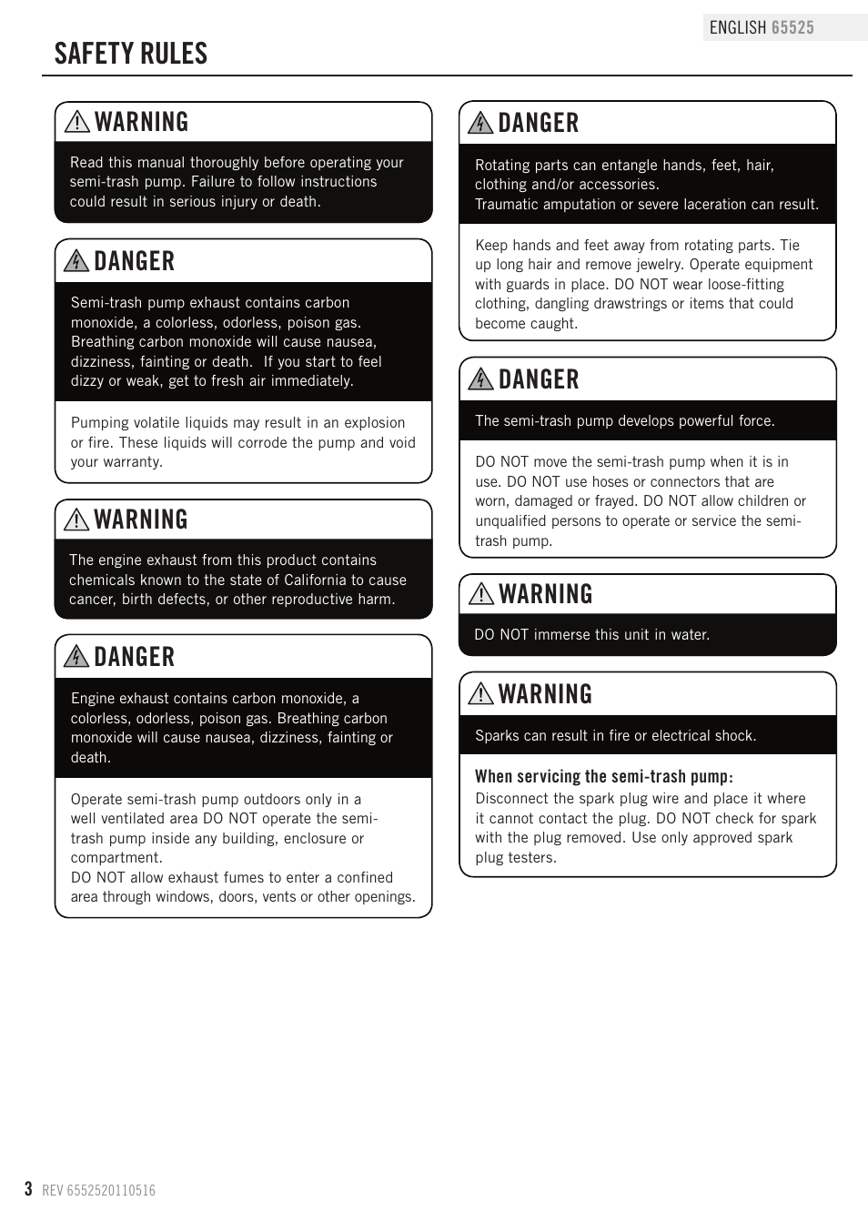 Safety rules, Danger, Warning | Champion Power Equipment 65525 User Manual | Page 6 / 25