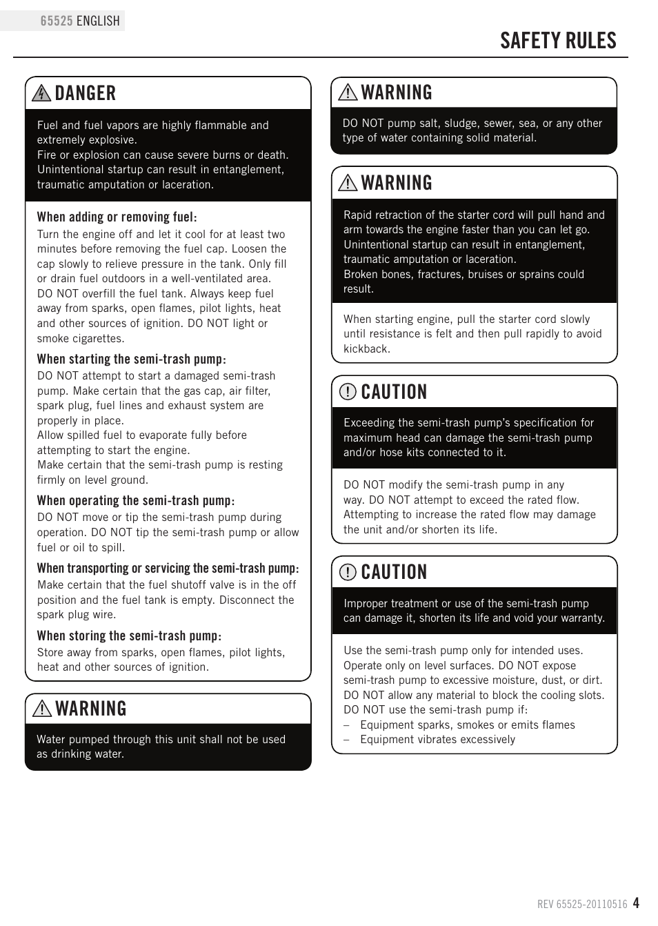 Safety rules, Caution, Danger | Warning | Champion Power Equipment 65525 User Manual | Page 7 / 25