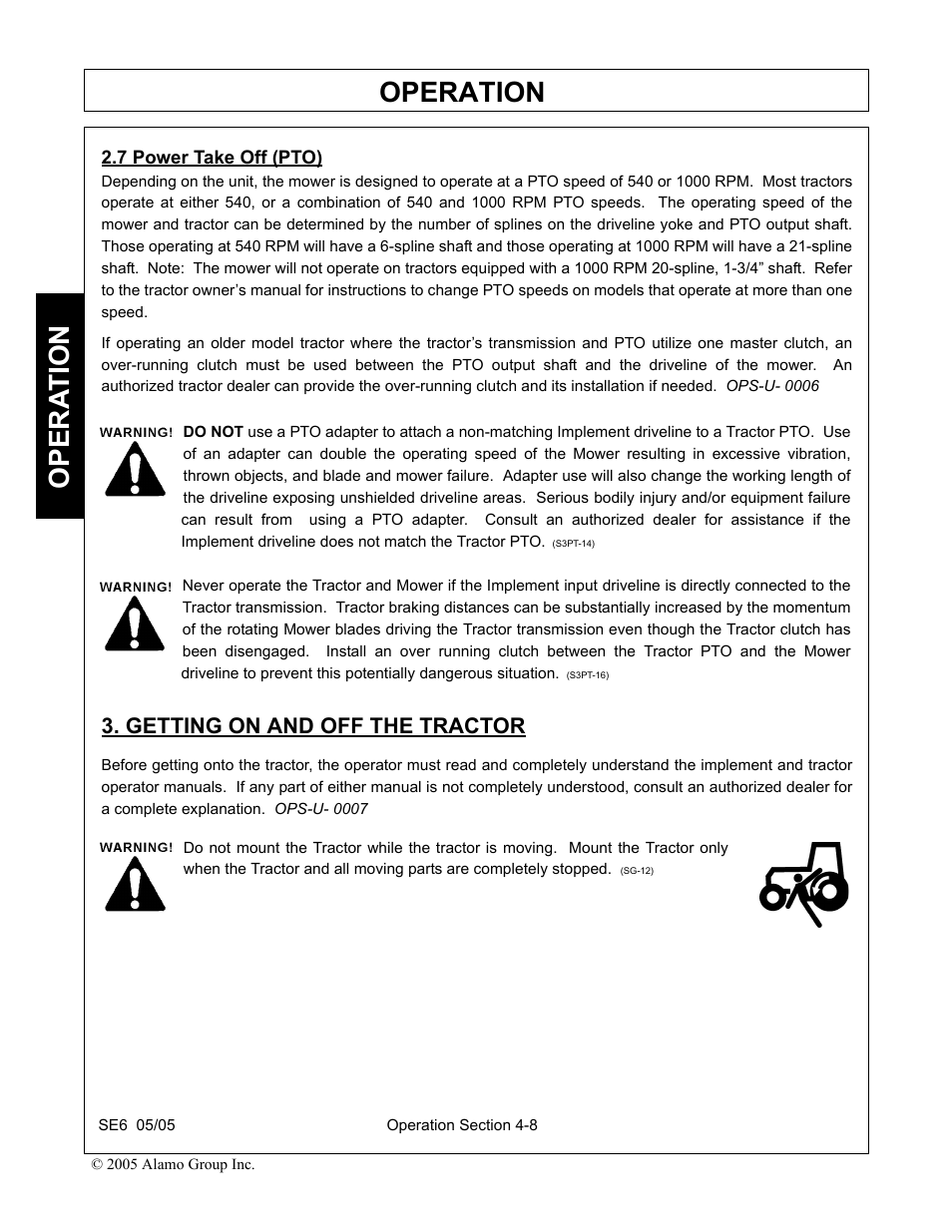 7 power take off (pto), Getting on and off the tractor, Operation | Opera t ion | Blue Rhino FC-0007 User Manual | Page 100 / 160