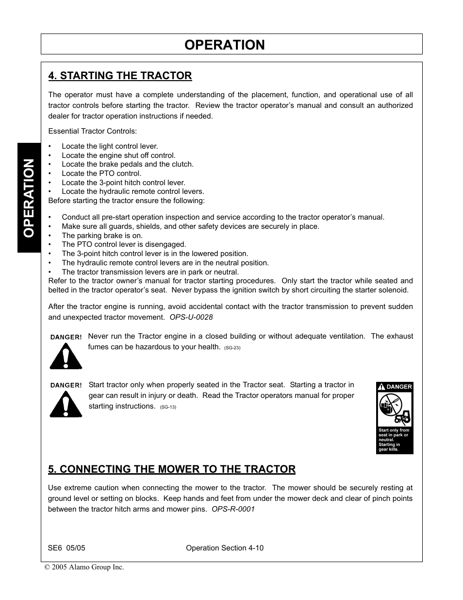Starting the tractor, Connecting the mower to the tractor, Operation | Opera t ion | Blue Rhino FC-0007 User Manual | Page 102 / 160