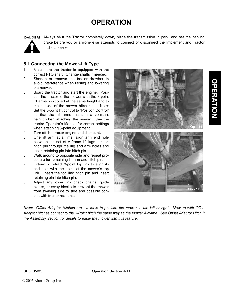 1 connecting the mower-lift type, Turn off the tractor engine and dismount, Connecting the mower-lift type -11 | Operation, Opera t ion | Blue Rhino FC-0007 User Manual | Page 103 / 160