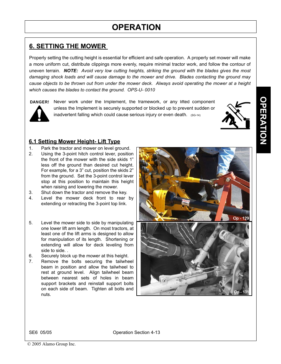 Setting the mower, 1 setting mower height- lift type, Park the tractor and mower on level ground | Shut down the tractor and remove the key, Securely block up the mower at this height, Operation, Opera t ion | Blue Rhino FC-0007 User Manual | Page 105 / 160
