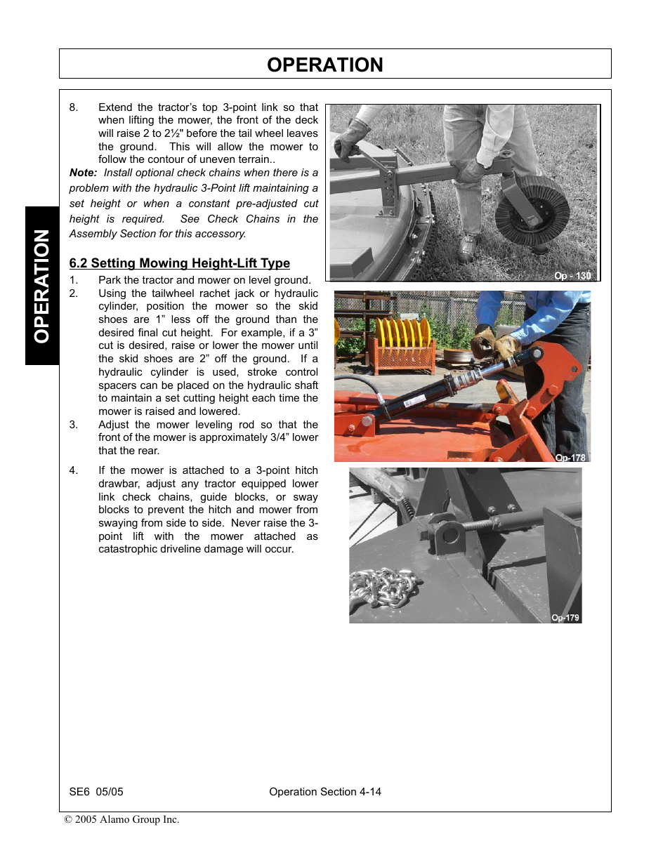 2 setting mowing height-lift type, Park the tractor and mower on level ground, Setting mowing height-lift type -14 | Operation, Opera t ion | Blue Rhino FC-0007 User Manual | Page 106 / 160