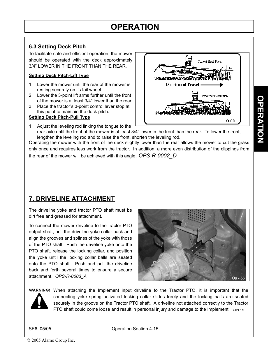 3 setting deck pitch, Driveline attachment, Setting deck pitch -15 driveline attachment -15 | Operation, Opera t ion | Blue Rhino FC-0007 User Manual | Page 107 / 160