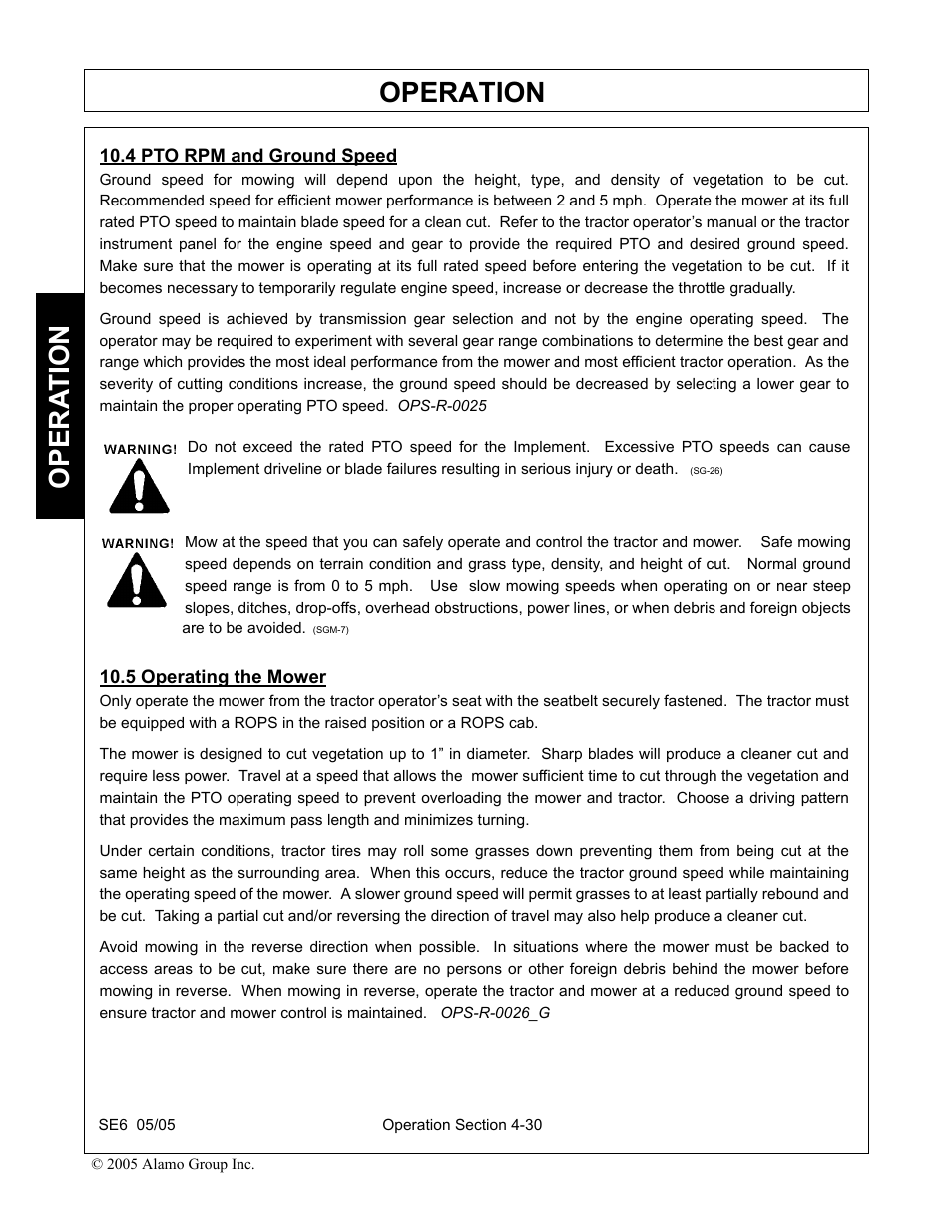 4 pto rpm and ground speed, 5 operating the mower, Operation | Opera t ion | Blue Rhino FC-0007 User Manual | Page 122 / 160