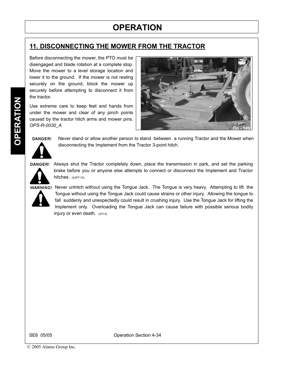 Disconnecting the mower from the tractor, Disconnecting the mower from the tractor -34, Operation | Opera t ion | Blue Rhino FC-0007 User Manual | Page 126 / 160