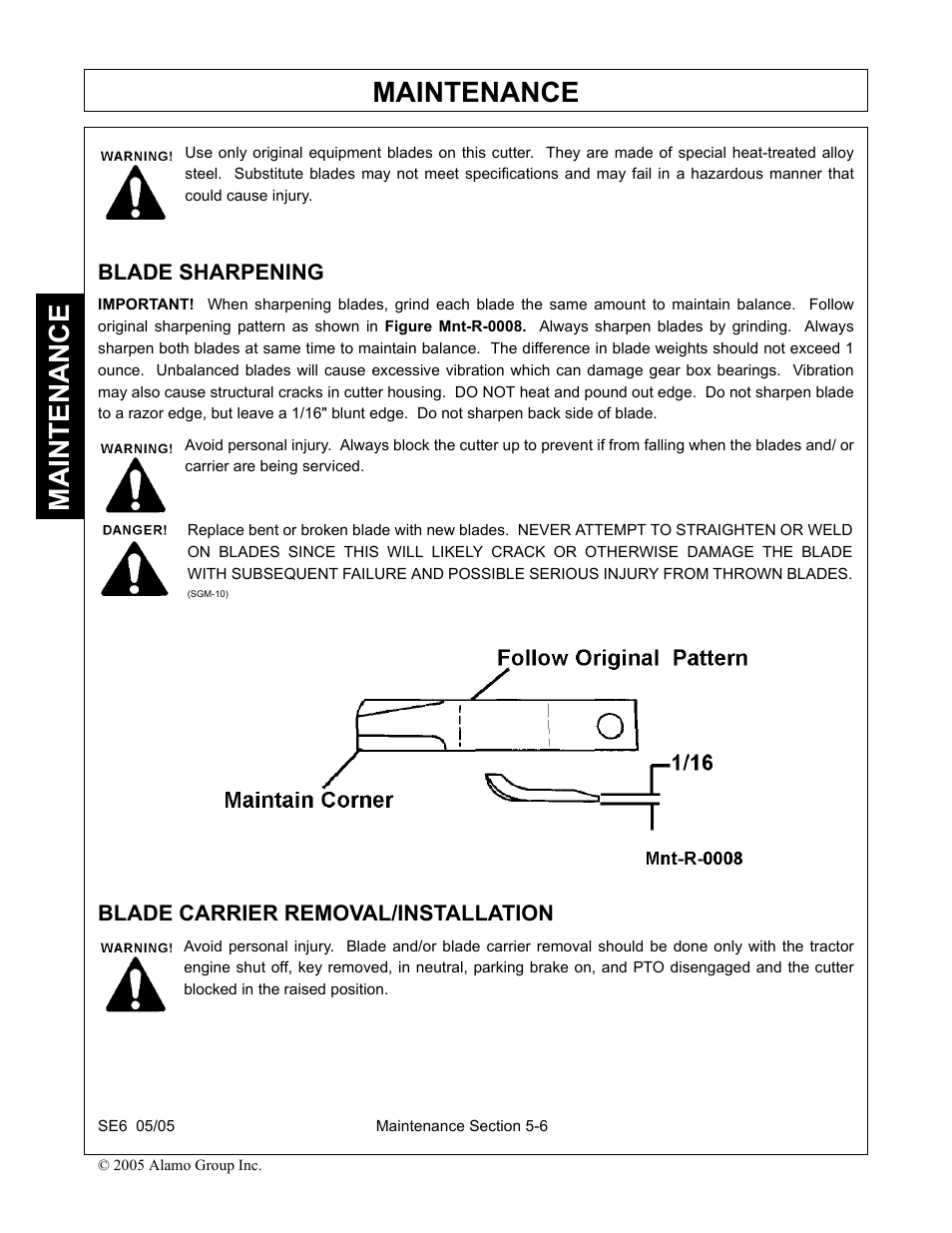 Blade sharpening, Blade carrier removal/installation, Maintenance | Blue Rhino FC-0007 User Manual | Page 142 / 160