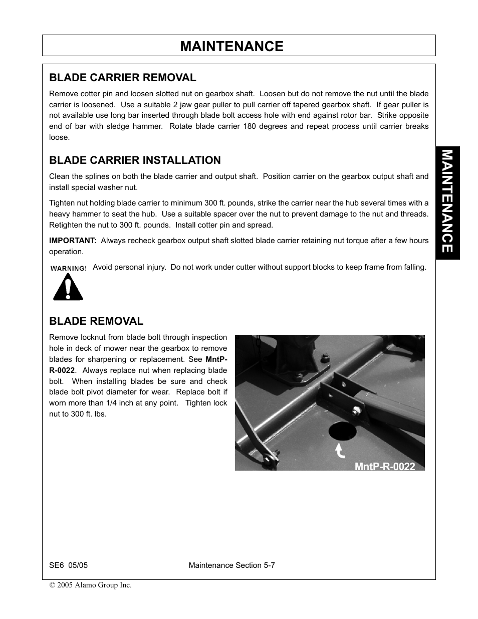 Blade carrier removal, Blade carrier installation, Blade removal | Maintenance | Blue Rhino FC-0007 User Manual | Page 143 / 160
