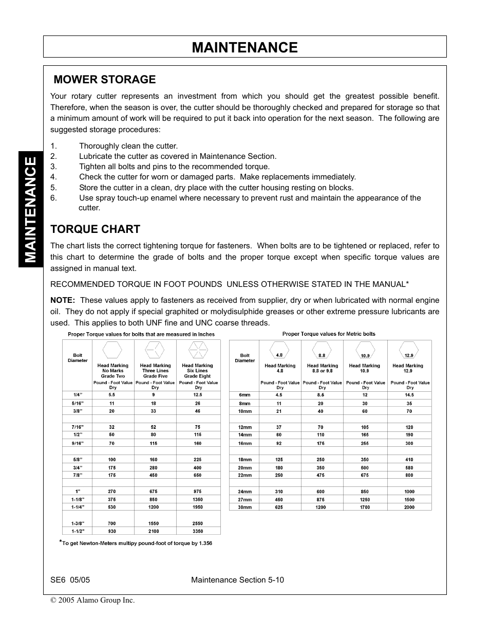 Mower storage, Thoroughly clean the cutter, Torque chart | Mower storage -10 torque chart -10, Maintenance | Blue Rhino FC-0007 User Manual | Page 146 / 160