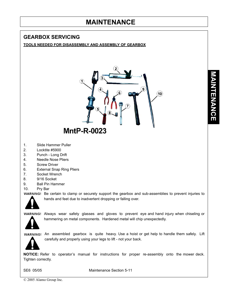 Gearbox servicing, Slide hammer puller, Locktite #5900 | Punch - long drift, Needle nose pliers, Screw driver, External snap ring pliers, Socket wrench, 9/16 socket, Ball pin hammer | Blue Rhino FC-0007 User Manual | Page 147 / 160