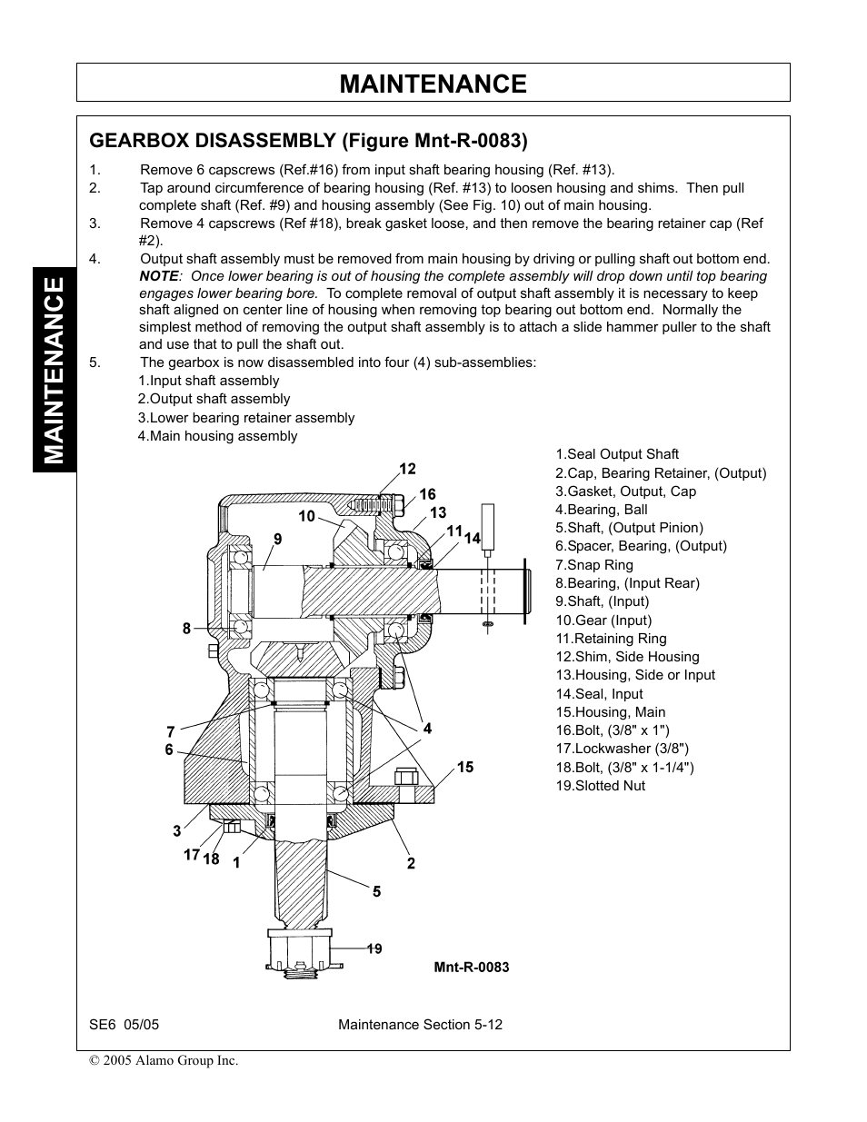Gearbox disassembly (figure mnt-r-0083), Input shaft assembly, Output shaft assembly | Lower bearing retainer assembly, Main housing assembly, Seal output shaft, Cap, bearing retainer, (output), Gasket, output, cap, Bearing, ball, Shaft, (output pinion) | Blue Rhino FC-0007 User Manual | Page 148 / 160