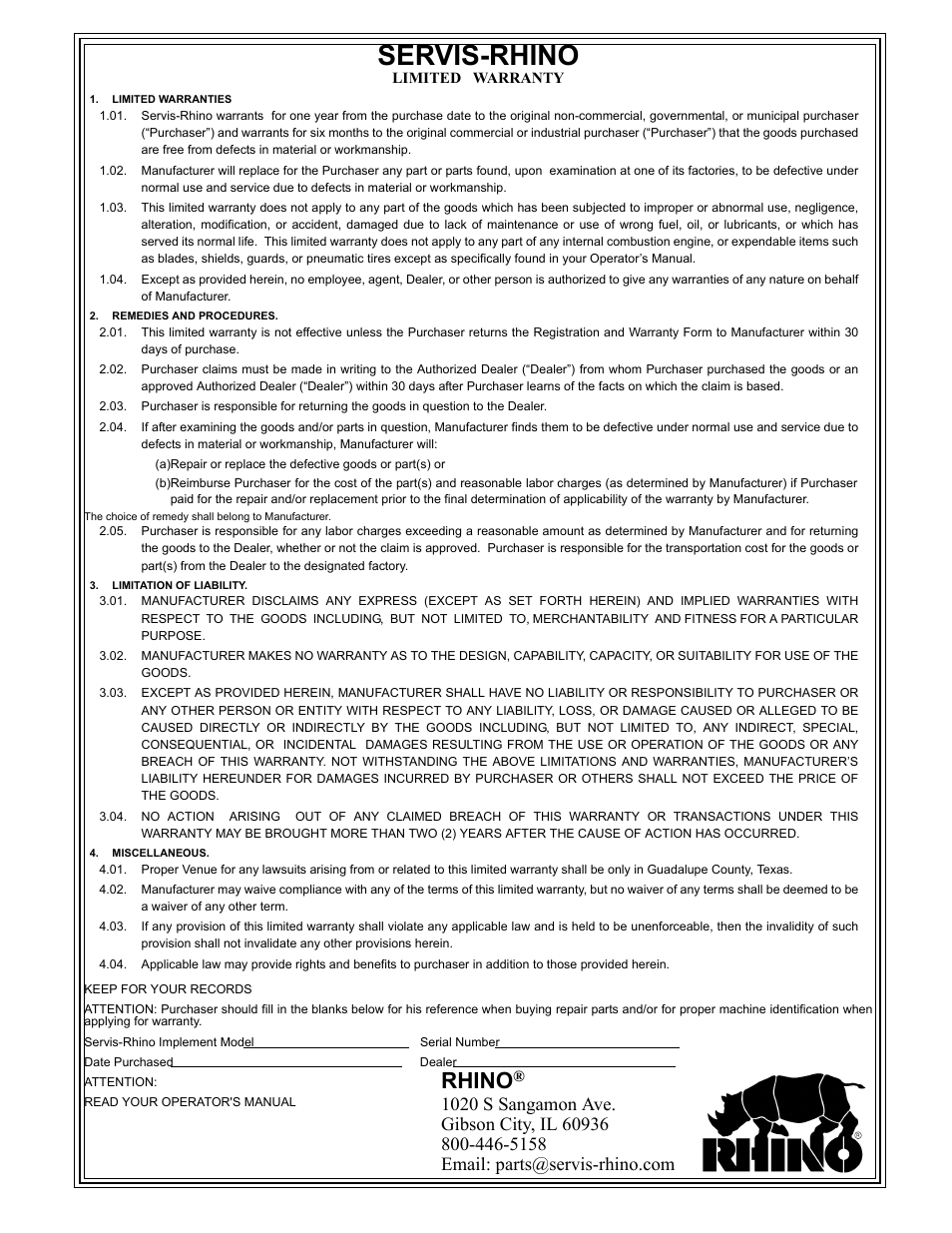 Servis-rhino, Limited warranty, Limited warranties | Remedies and procedures, Limitation of liability, Miscellaneous, Rhino | Blue Rhino FC-0007 User Manual | Page 152 / 160