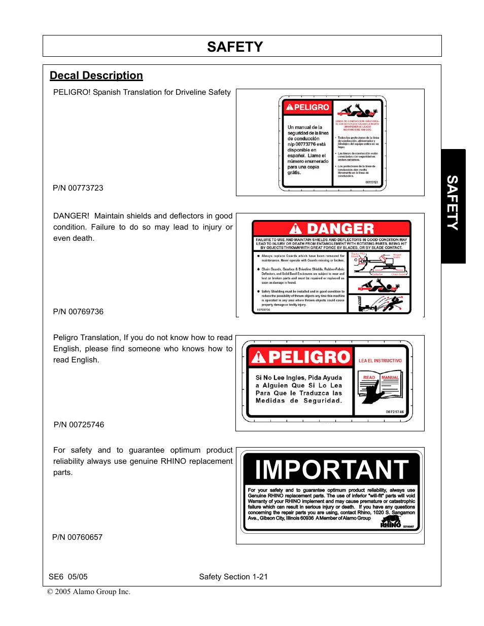 Decal description, Decal description -21, Safety | Blue Rhino FC-0007 User Manual | Page 27 / 160