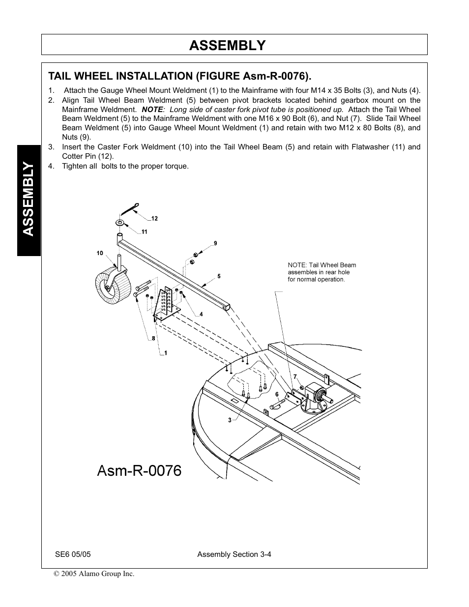 Tail wheel installation (figure asm-r-0076), Tighten all bolts to the proper torque, Tail wheel installation (figure asm-r-0076) -4 | Assembly, Assembl y | Blue Rhino FC-0007 User Manual | Page 84 / 160