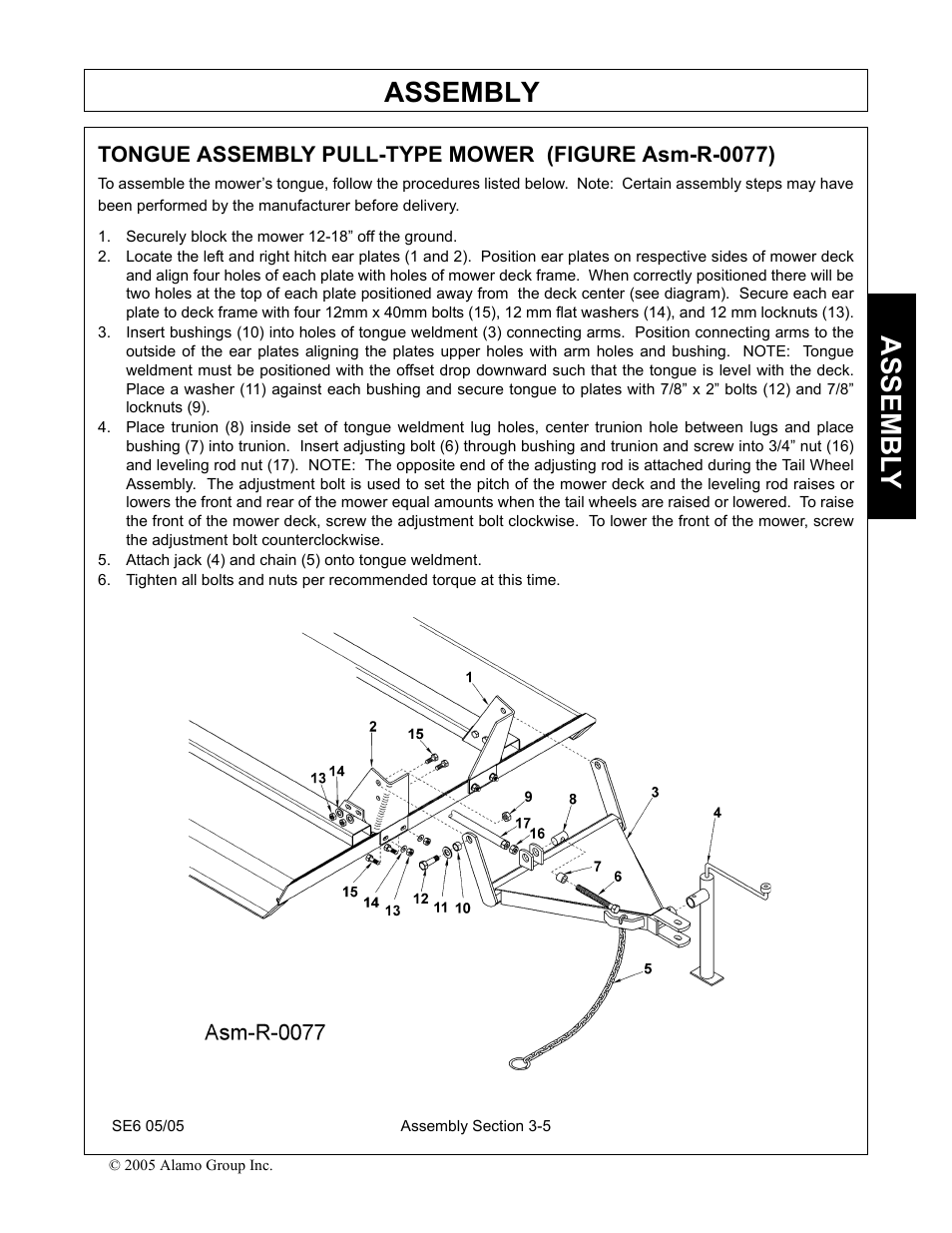 Securely block the mower 12-18” off the ground, Attach jack (4) and chain (5) onto tongue weldment, Assembly | Assembl y | Blue Rhino FC-0007 User Manual | Page 85 / 160