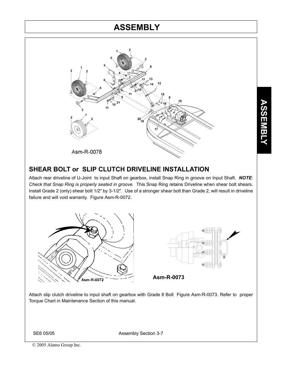 Shear bolt or slip clutch driveline installation, Assembly, Assembl y | Blue Rhino FC-0007 User Manual | Page 87 / 160