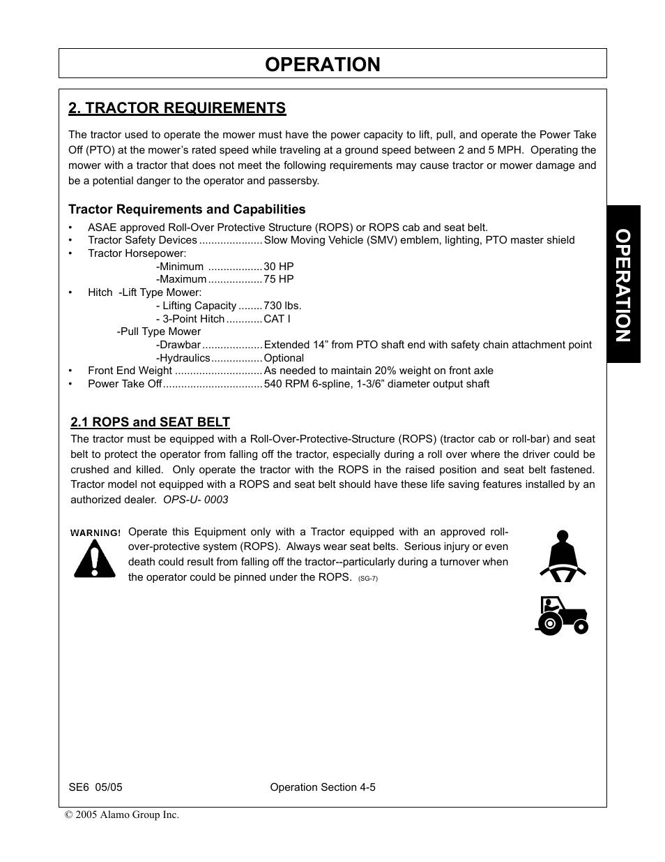 Tractor requirements, Tractor requirements and capabilities, 1 rops and seat belt | Tractor requirements -5 rops and seat belt -5, Operation, Opera t ion | Blue Rhino FC-0007 User Manual | Page 97 / 160