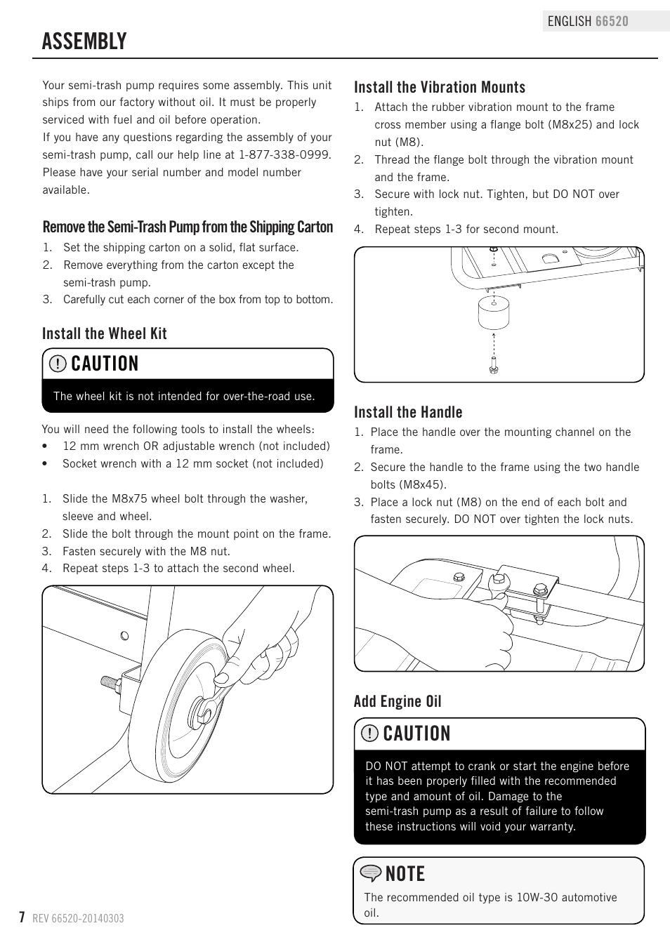 Assembly, Caution, Install the wheel kit | Add engine oil, Install the handle, Install the vibration mounts | Champion Power Equipment 66520 User Manual | Page 10 / 26