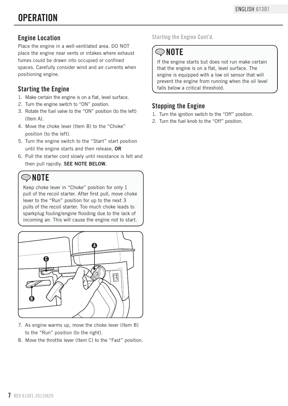 Operation, Engine location, Starting the engine | Stopping the engine | Champion Power Equipment 61301 User Manual | Page 10 / 21