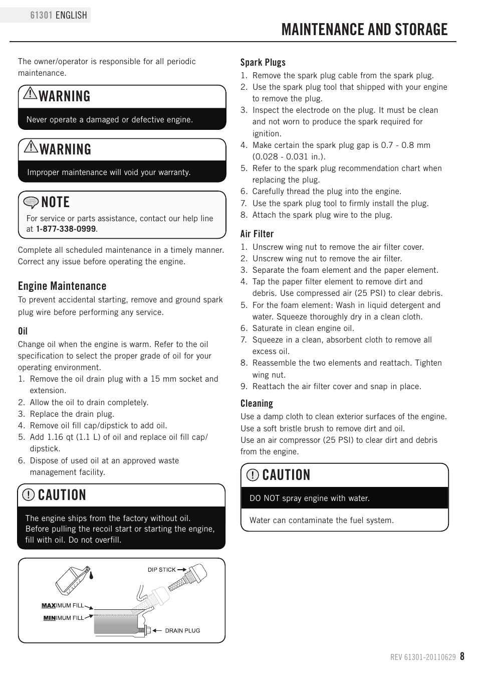 Maintenance and storage, Warning, Caution | Engine maintenance | Champion Power Equipment 61301 User Manual | Page 11 / 21