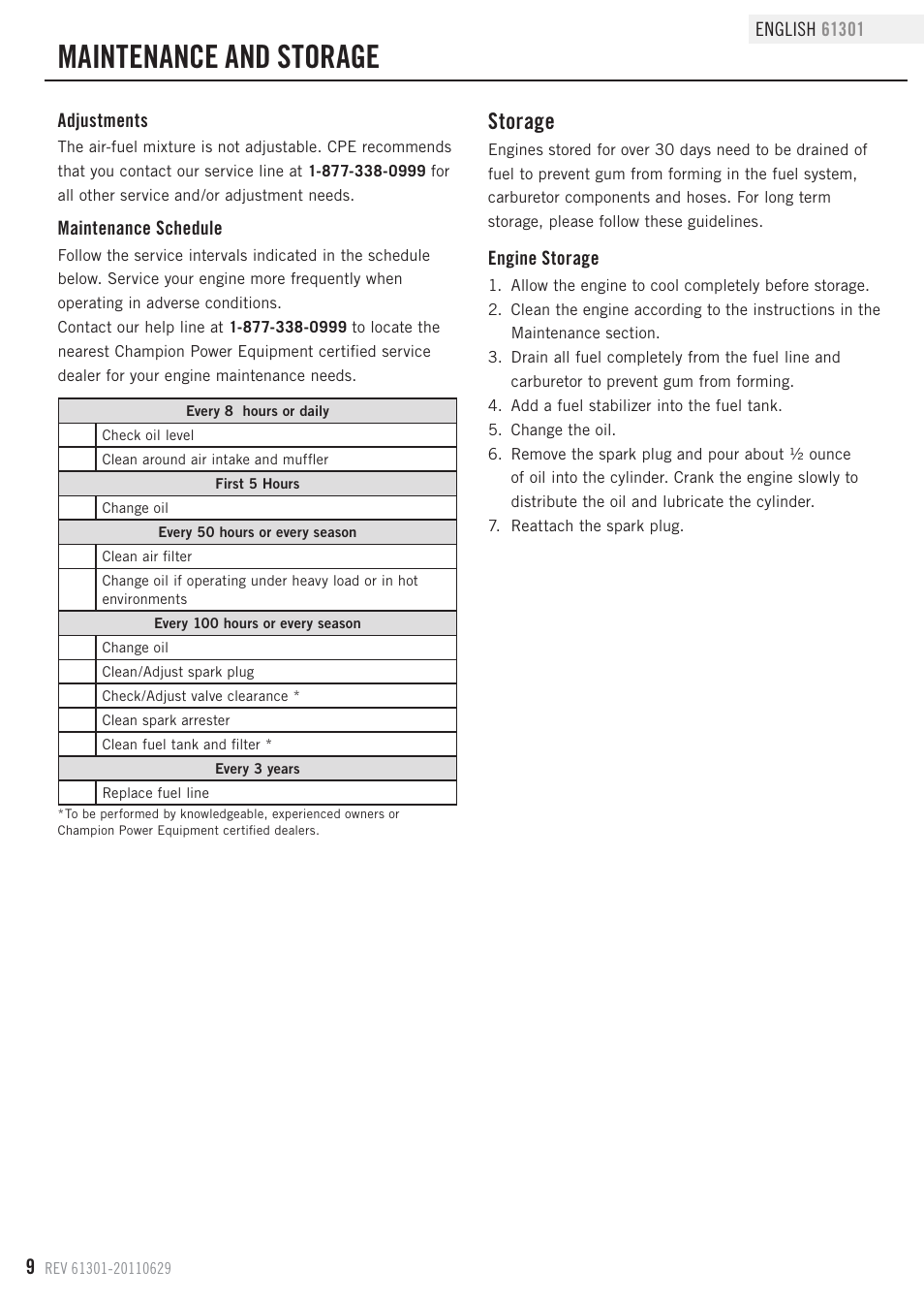 Maintenance and storage, Storage | Champion Power Equipment 61301 User Manual | Page 12 / 21