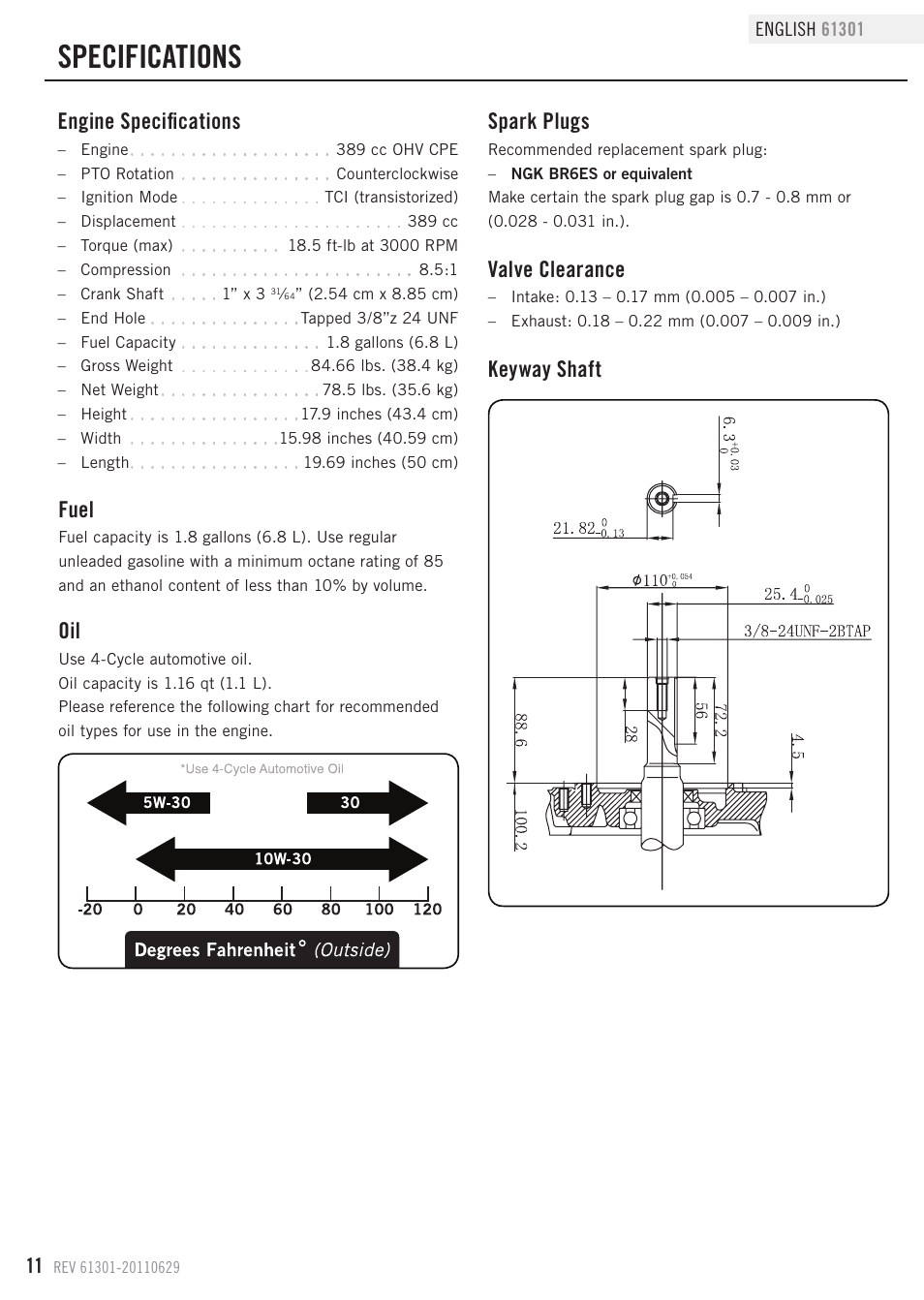 Specifications, Fuel, Engine specifications | Spark plugs, Valve clearance, Keyway shaft | Champion Power Equipment 61301 User Manual | Page 14 / 21