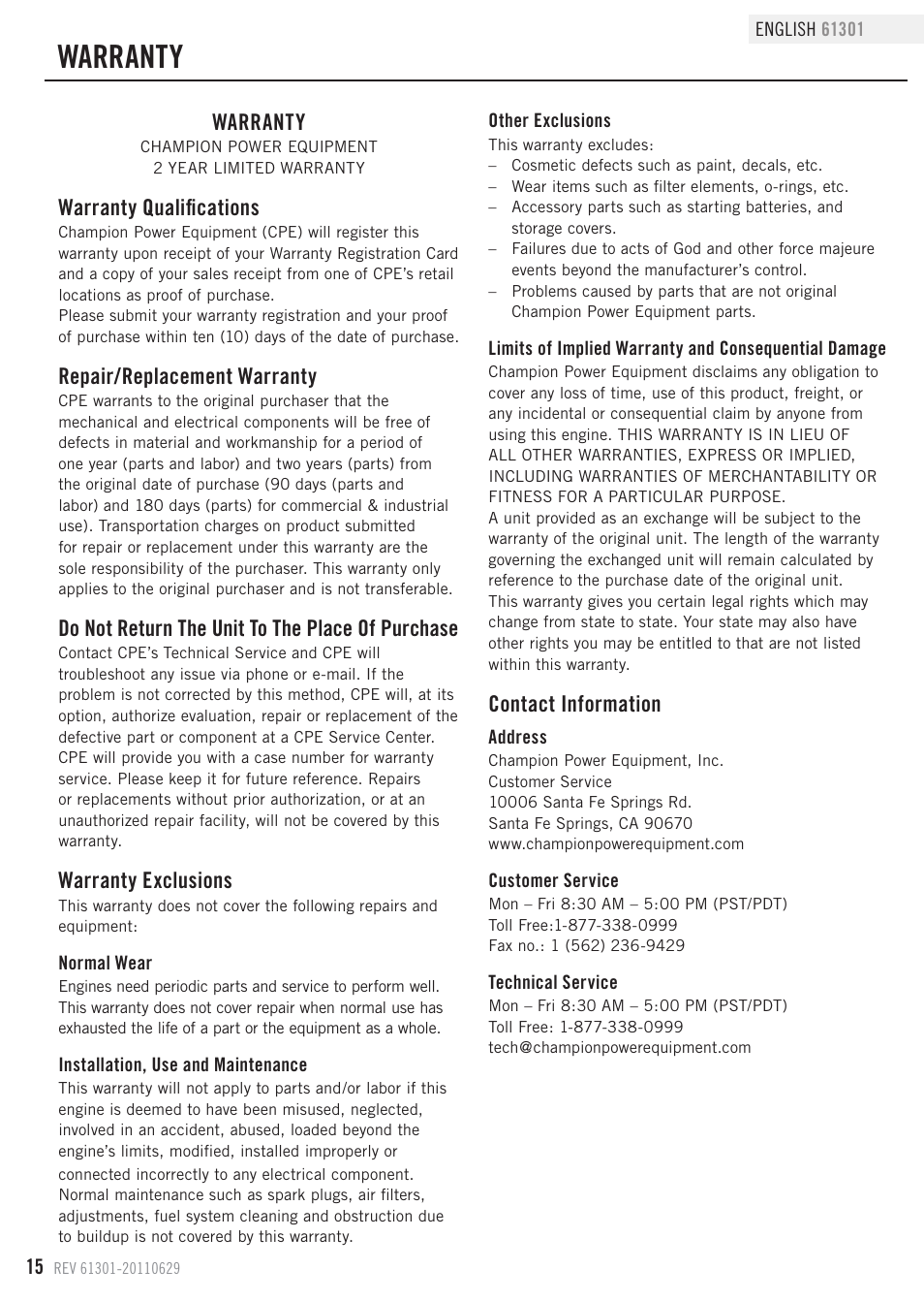 Warranty, Warranty qualifications, Repair/replacement warranty | Do not return the unit to the place of purchase, Warranty exclusions, Contact information | Champion Power Equipment 61301 User Manual | Page 18 / 21