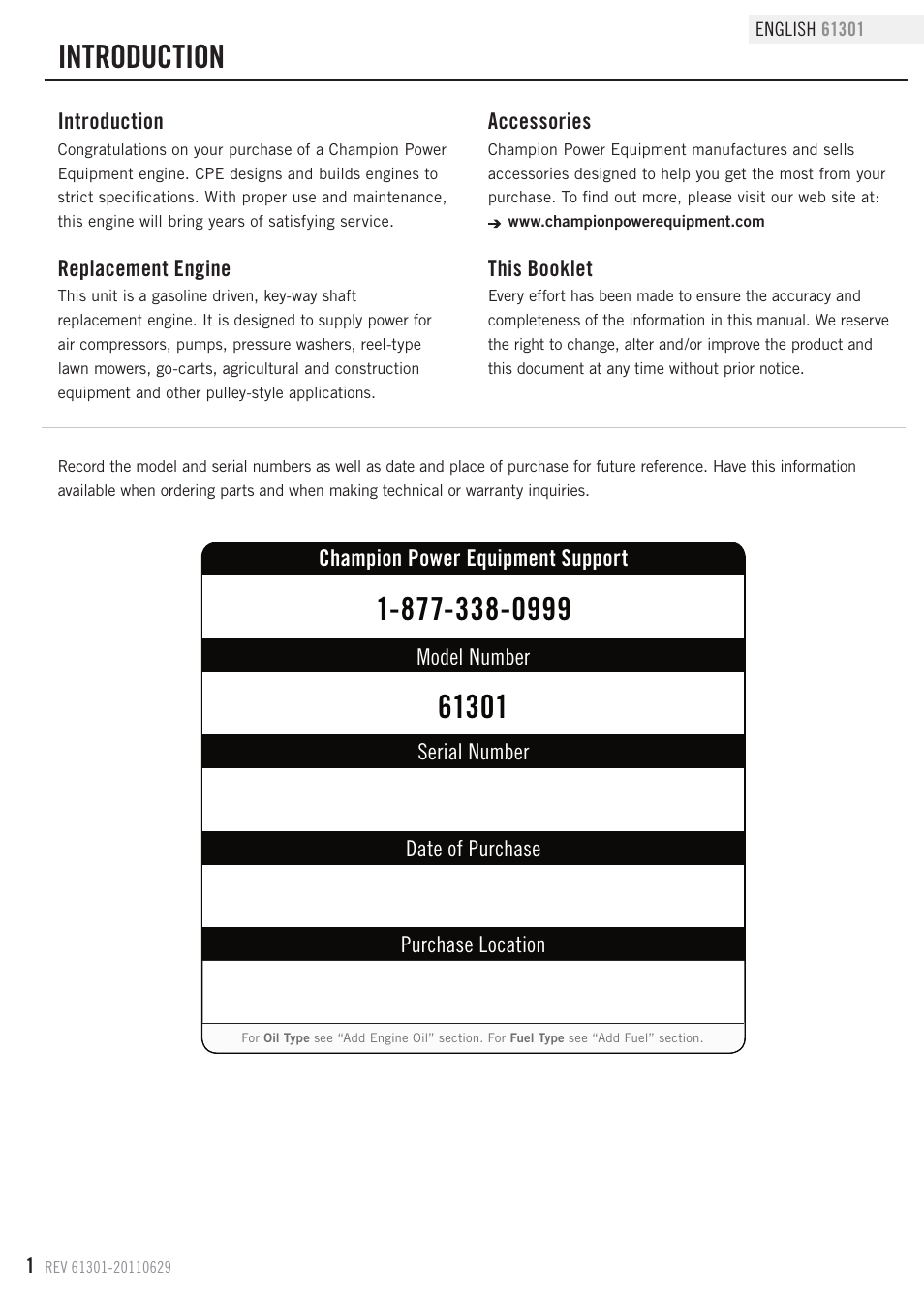 Introduction | Champion Power Equipment 61301 User Manual | Page 4 / 21