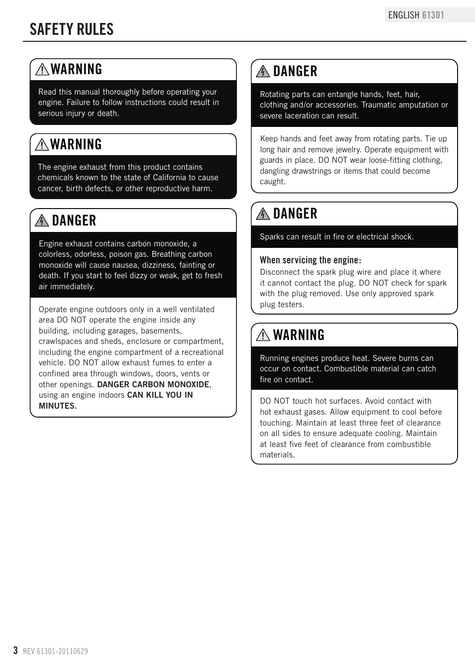 Safety rules, Danger, Warning | Champion Power Equipment 61301 User Manual | Page 6 / 21