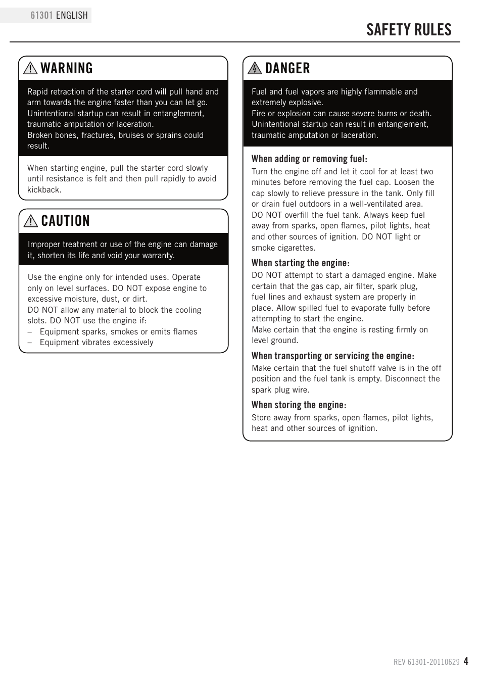 Safety rules, Danger, Warning | Caution | Champion Power Equipment 61301 User Manual | Page 7 / 21