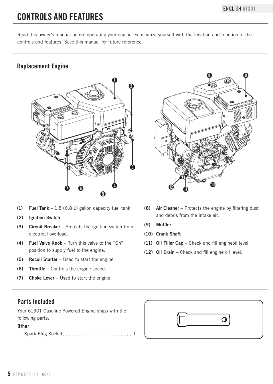 Controls and features, Replacement engine, Parts included | Champion Power Equipment 61301 User Manual | Page 8 / 21