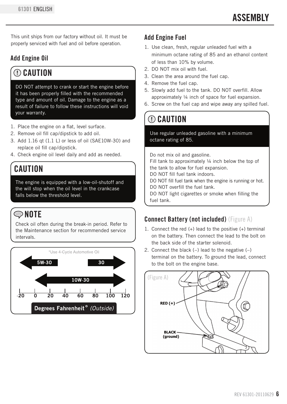 Assembly, Caution, Add engine oil | Champion Power Equipment 61301 User Manual | Page 9 / 21