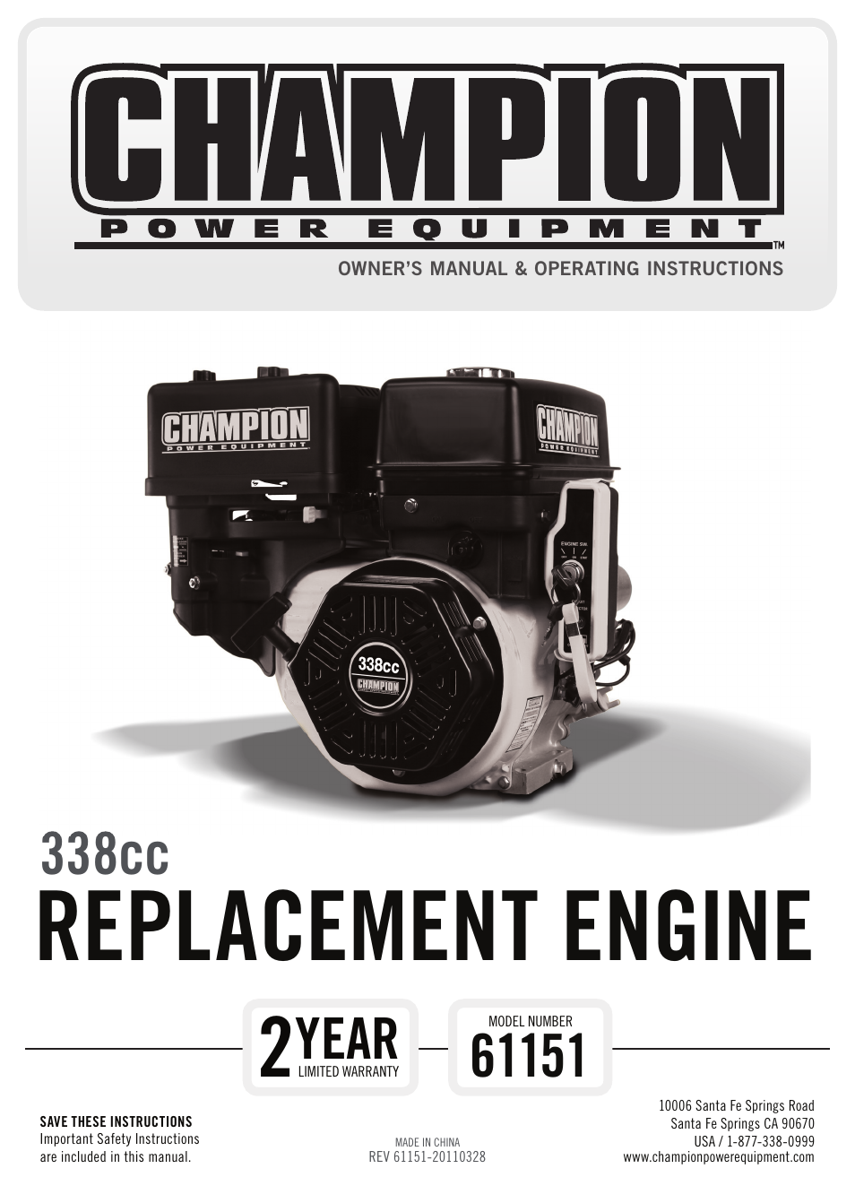 Champion Power Equipment 61151 User Manual | 20 pages