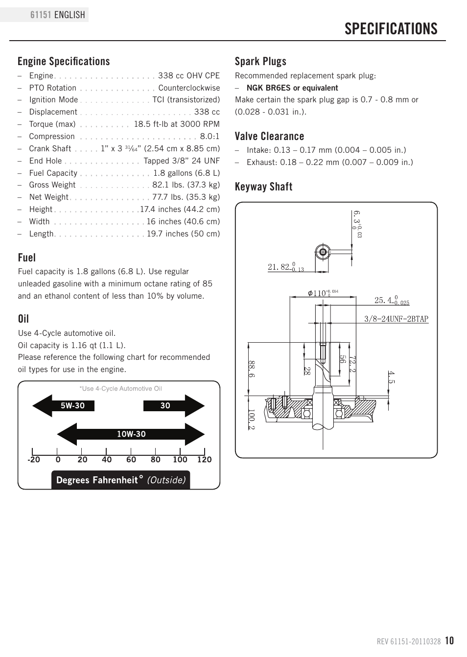 Specifications, Fuel, Engine specifications | Spark plugs, Valve clearance, Keyway shaft | Champion Power Equipment 61151 User Manual | Page 13 / 20