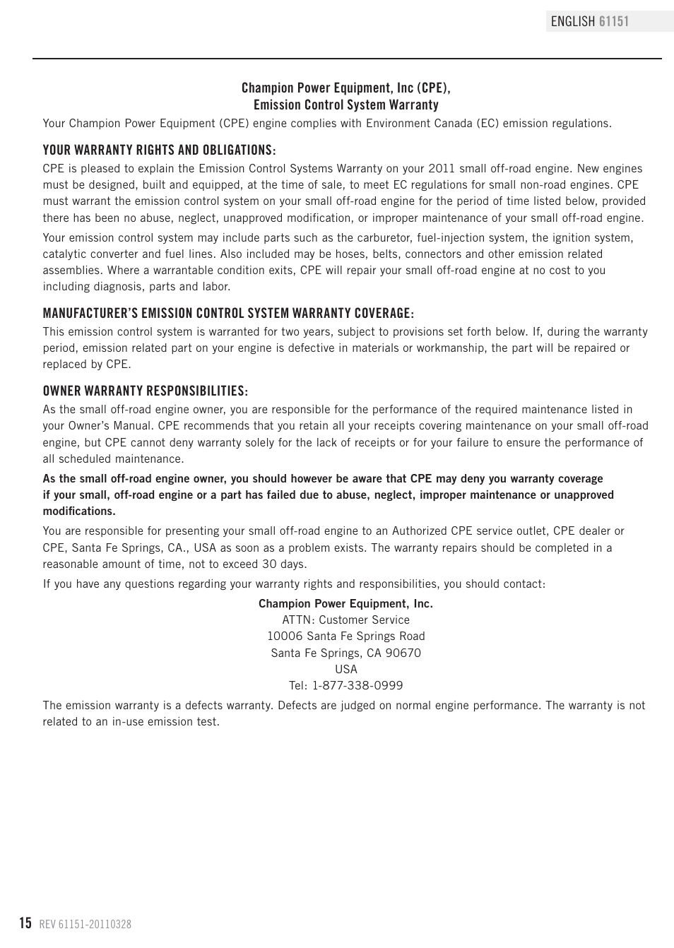 Champion Power Equipment 61151 User Manual | Page 18 / 20