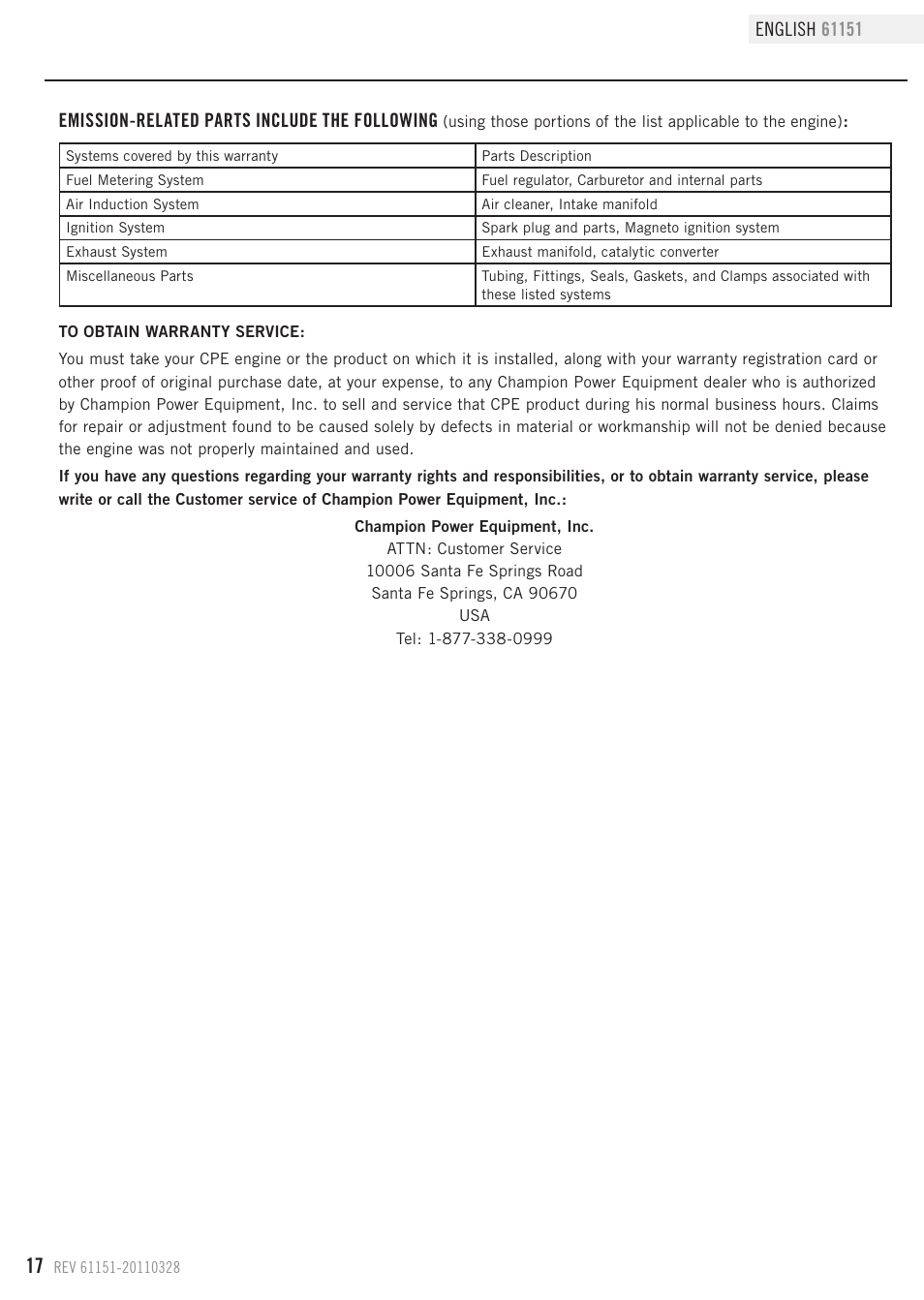 Champion Power Equipment 61151 User Manual | Page 20 / 20