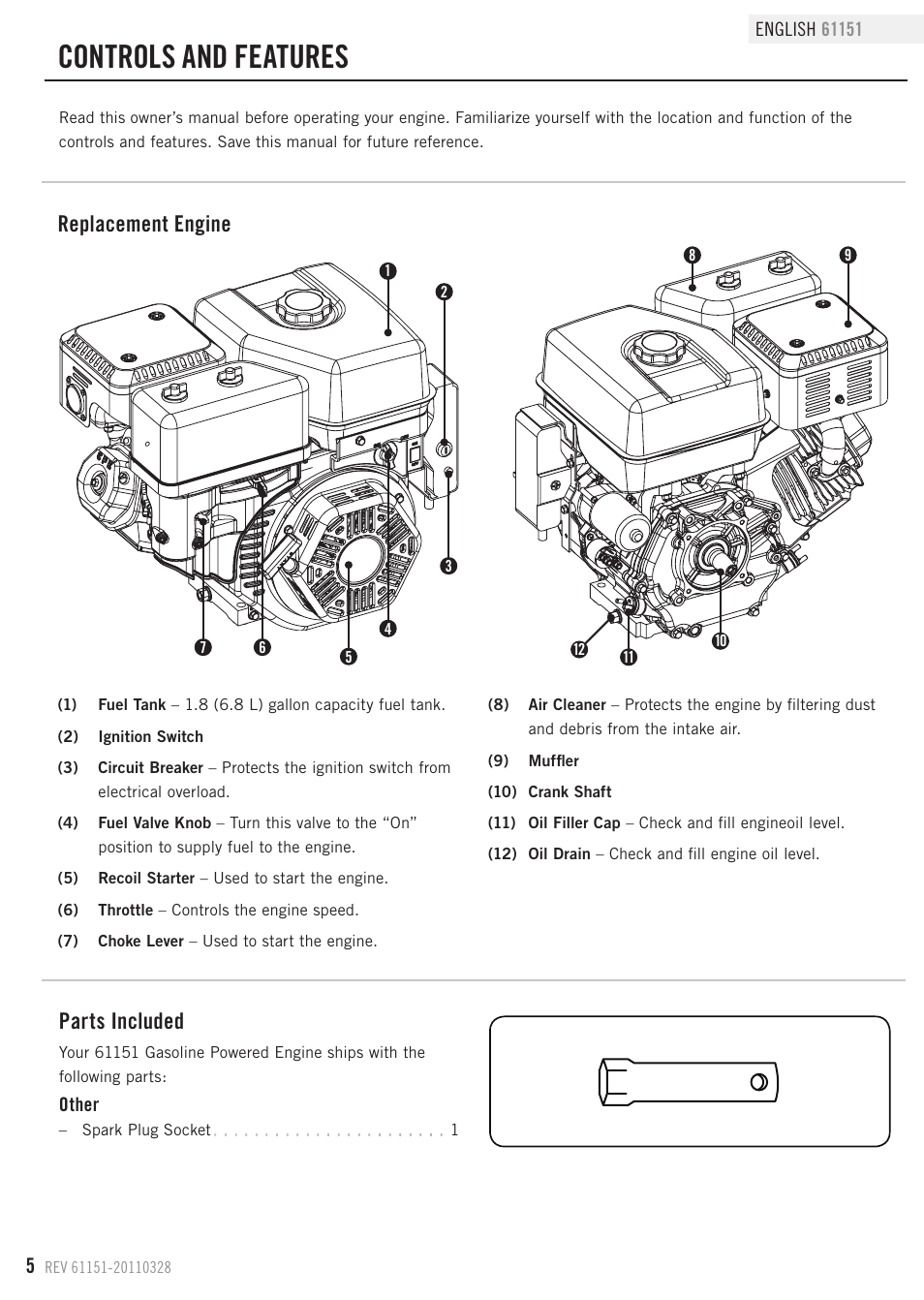 Controls and features, Replacement engine, Parts included | Champion Power Equipment 61151 User Manual | Page 8 / 20