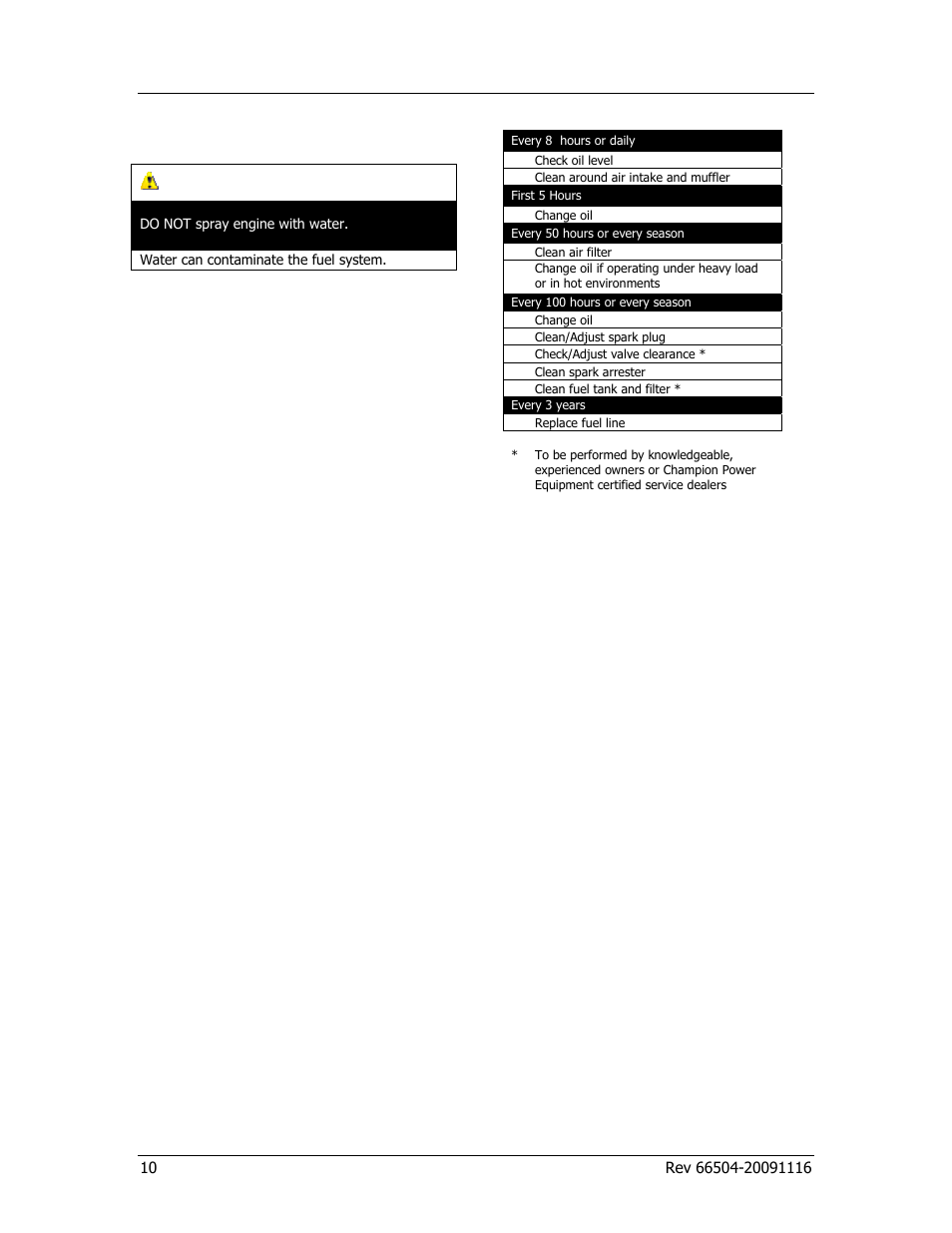 Maintenance, Caution, Cleaning | Adjustments, Maintenance schedule | Champion Power Equipment 66504 User Manual | Page 14 / 24