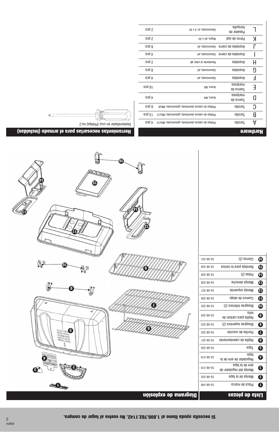 Hardware, Lista de piezas, Diagrama de explosión | Herramientas necesarias para el armado (incluidas) | Blue Rhino CBT825L User Manual | Page 14 / 16