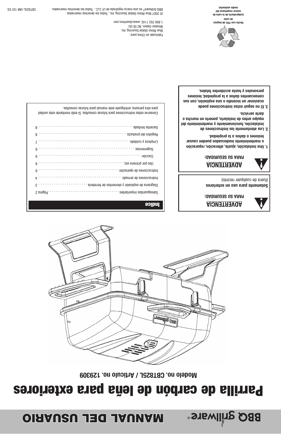Parrilla de carbón de leña para exteriores, Manual del usuario, Advertencia | Indice | Blue Rhino CBT825L User Manual | Page 16 / 16