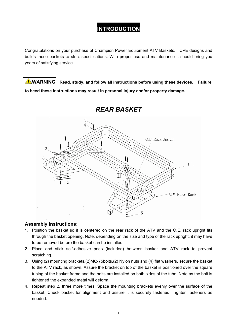 Rear basket, Introduction | Champion Power Equipment C90006 User Manual | Page 2 / 5