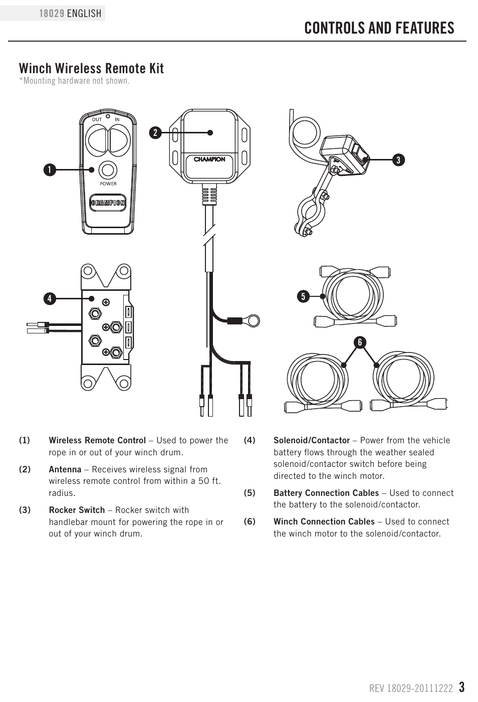 Controls and features, Winch wireless remote kit | Champion Power Equipment 18029 User Manual | Page 3 / 8