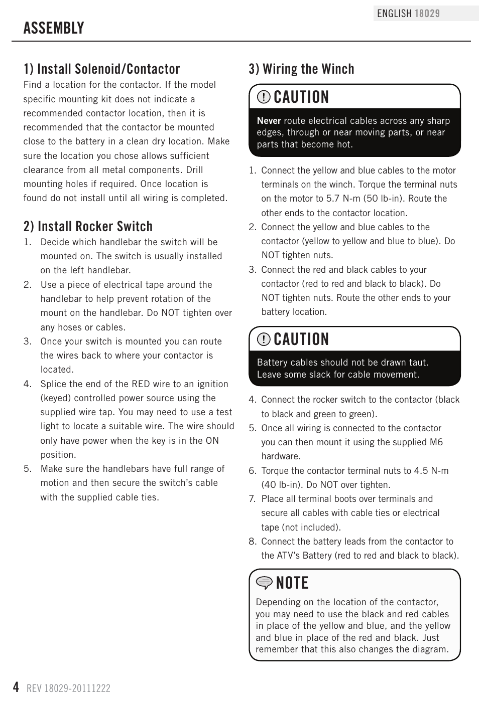 Caution, Assembly, 1) install solenoid/contactor | 3) wiring the winch, 2) install rocker switch | Champion Power Equipment 18029 User Manual | Page 4 / 8